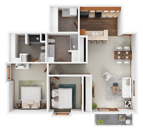 A top-down view of a small apartment layout with a bedroom, living room, kitchen, and bathroom.